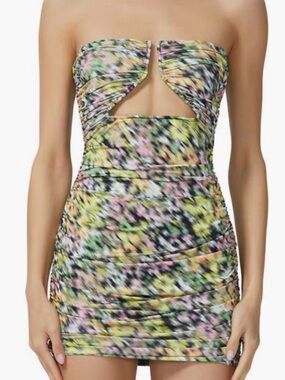 NWOT-AFRM Verena Strapless Ruched Cutout Mini Dress-Multicolor Blur Floral-Lg